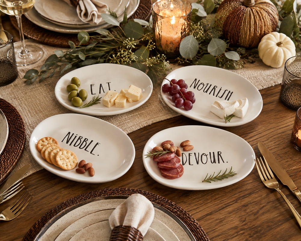 Rae Dunn Set of 4 Oval Appetizer Plates Eat Nibble Nourish Devour 8" Disc
